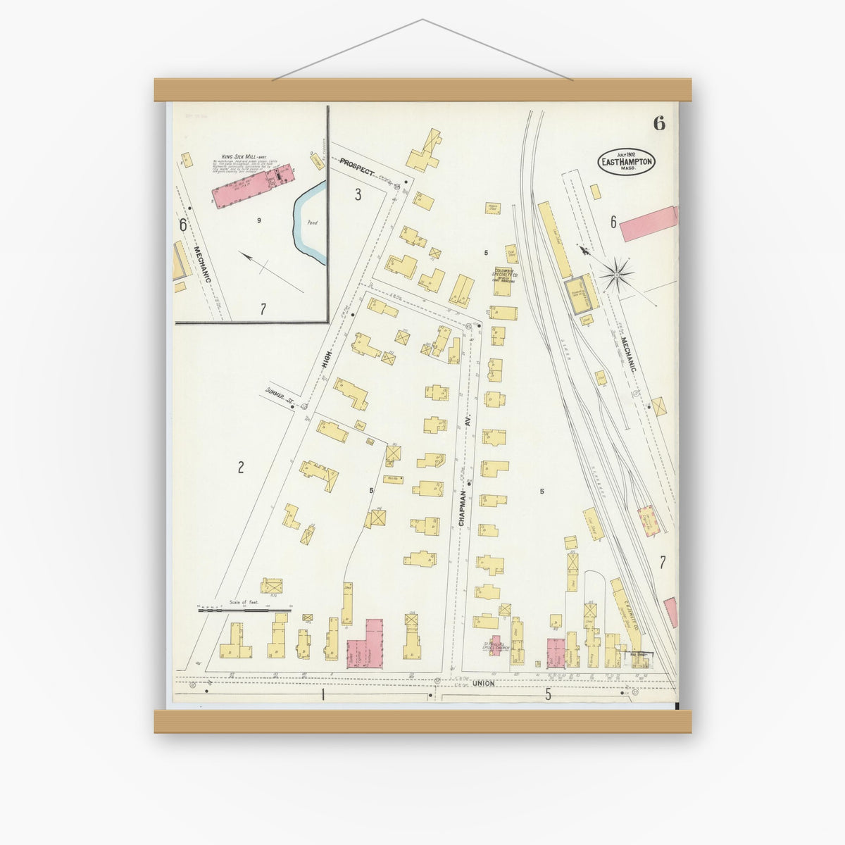 Old map wall art mockup — magnetic wood frame on white wall — Sanborn Fire Insurance Map from East Hampton, Hampshire County, Massachusetts (1902), Sheet #0006
