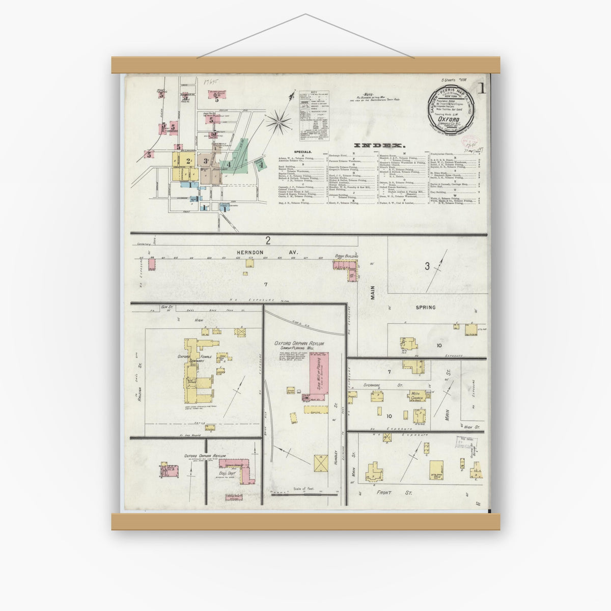 Old map wall art mockup — magnetic wood frame on white wall — Sanborn Fire Insurance Map from Oxford, Granville County, North Carolina (1897) - Complete Map Set