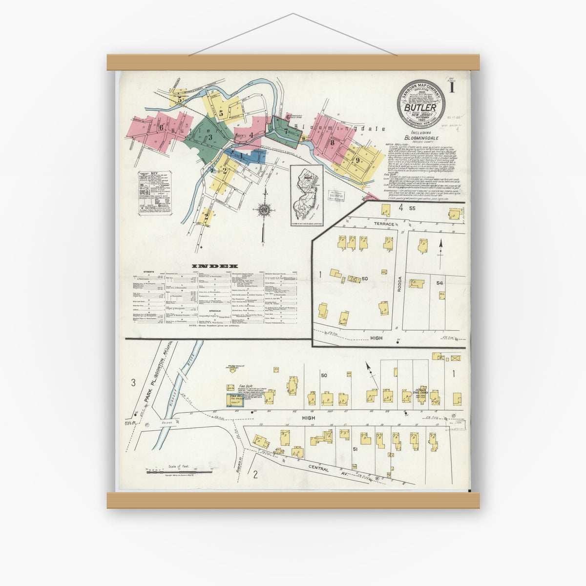 Old map wall art mockup — magnetic wood frame on white wall — Sanborn Fire Insurance Map from Butler, Morris County, New Jersey (1920) - Complete Map Set