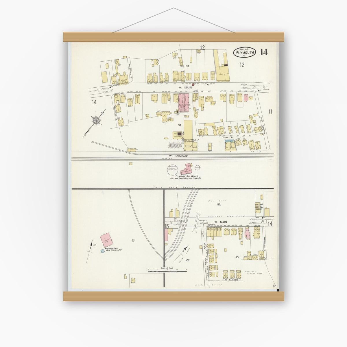 Old map wall art mockup — magnetic wood frame on white wall — Sanborn Fire Insurance Map from Plymouth, Luzerne County, Pennsylvania (1912), Sheet #0014