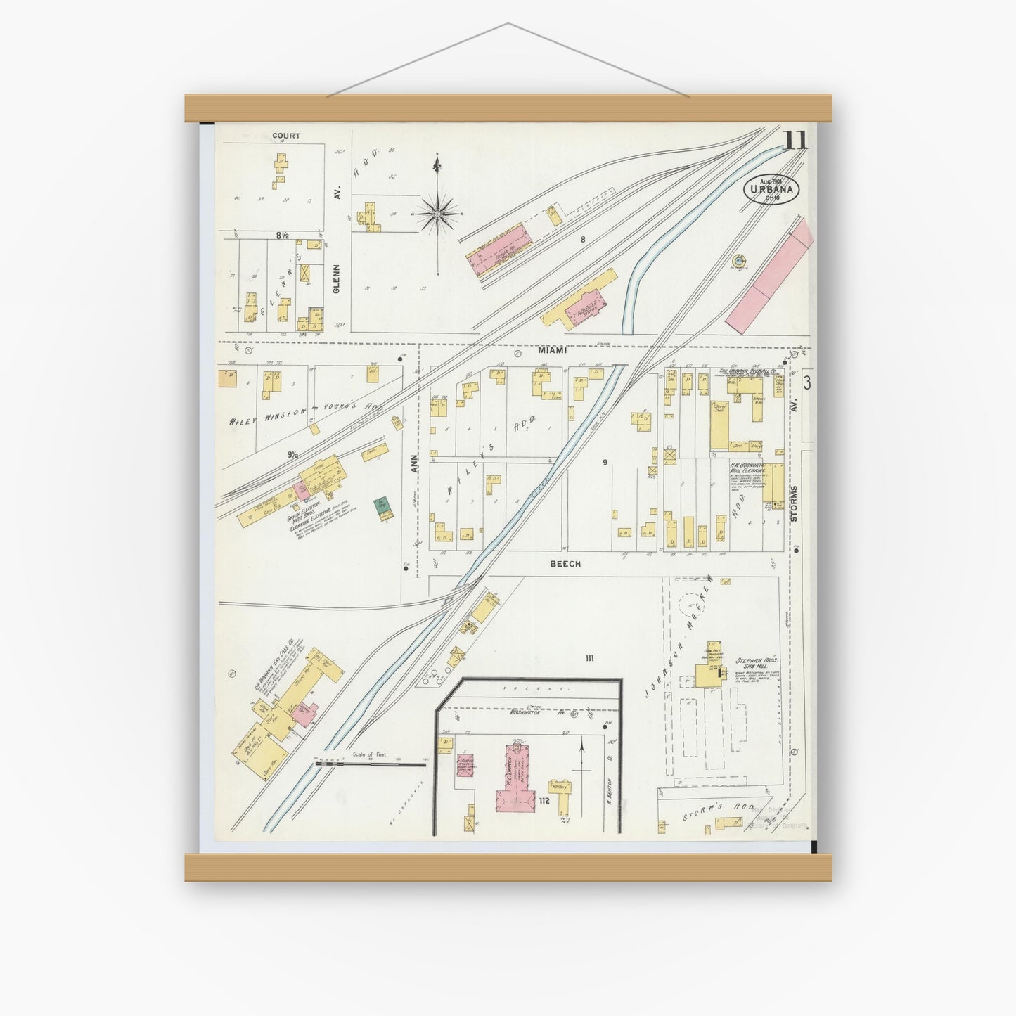 Old map wall art mockup — magnetic wood frame on white wall — Sanborn Fire Insurance Map from Urbana, Champaign County, Ohio (1901), Sheet #0011