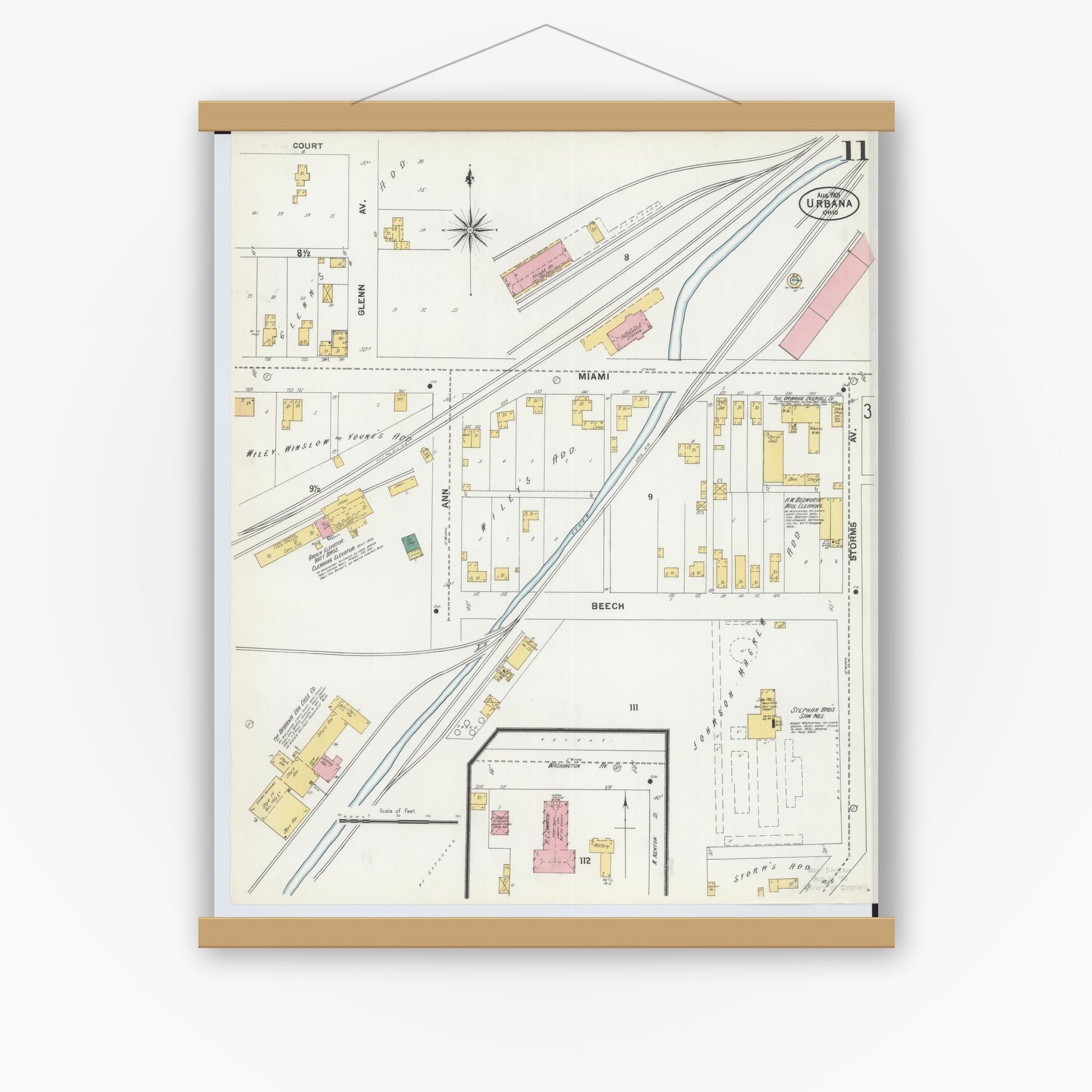 Old map wall art mockup — magnetic wood frame on white wall — Sanborn Fire Insurance Map from Urbana, Champaign County, Ohio (1901), Sheet #0011