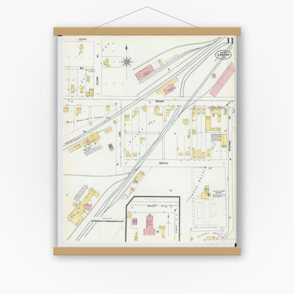 Old map wall art mockup — magnetic wood frame on white wall — Sanborn Fire Insurance Map from Urbana, Champaign County, Ohio (1901), Sheet #0011