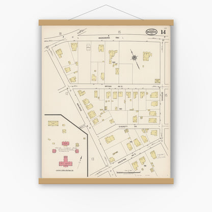 Old map wall art mockup — magnetic wood frame on white wall — Sanborn Fire Insurance Map from Monroe, Union County, North Carolina (1922), Sheet #0014