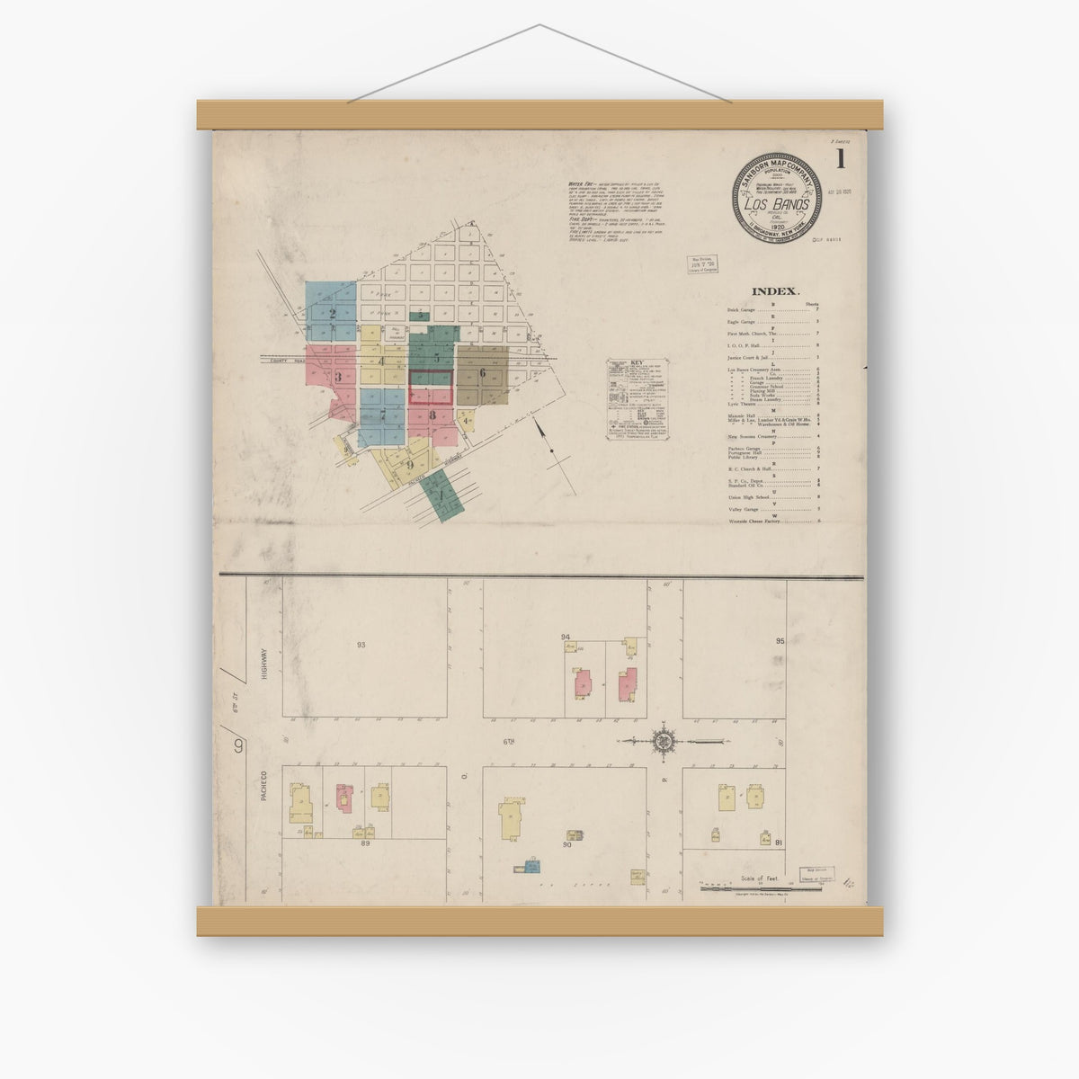 Old map wall art mockup — magnetic wood frame on white wall — Sanborn Fire Insurance Map from Los Banos, Merced County, California (1920) - Complete Map Set