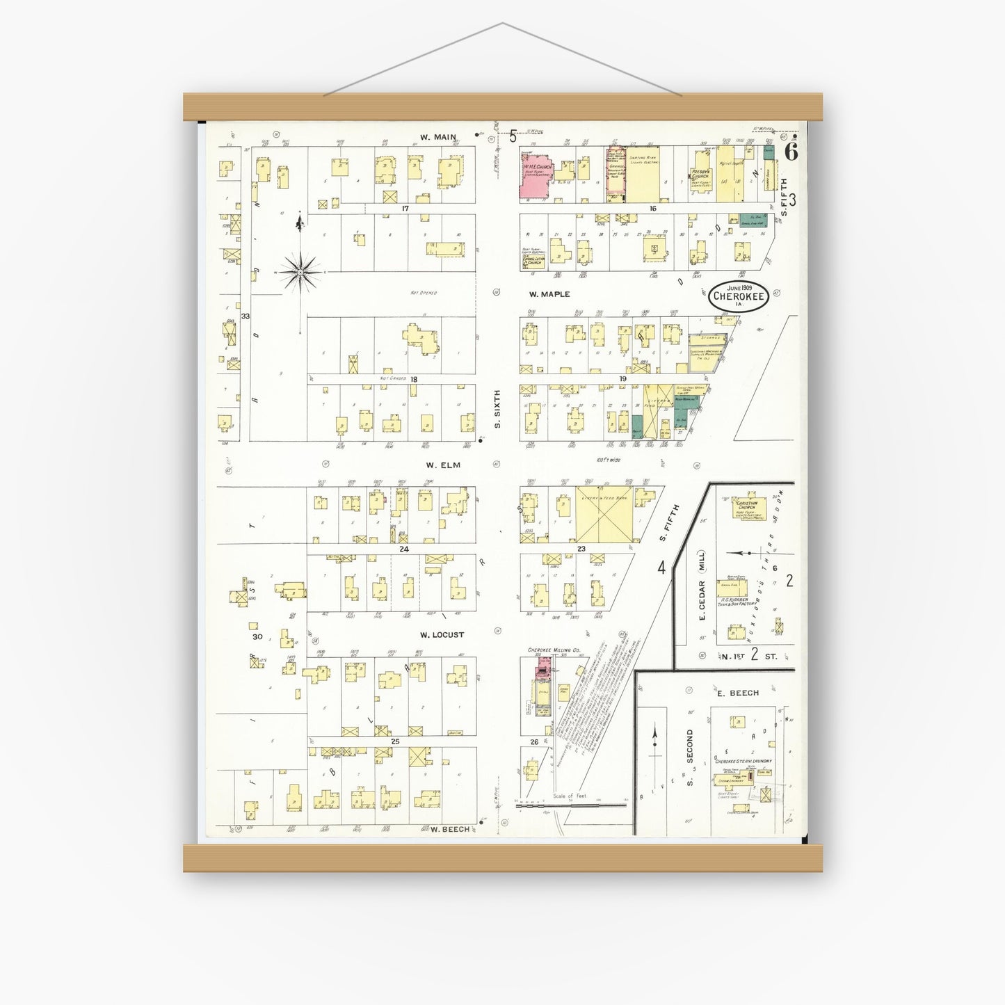 Old map wall art mockup — magnetic wood frame on white wall — Sanborn Fire Insurance Map from Cherokee, Cherokee County, Iowa (1909), Sheet #0006