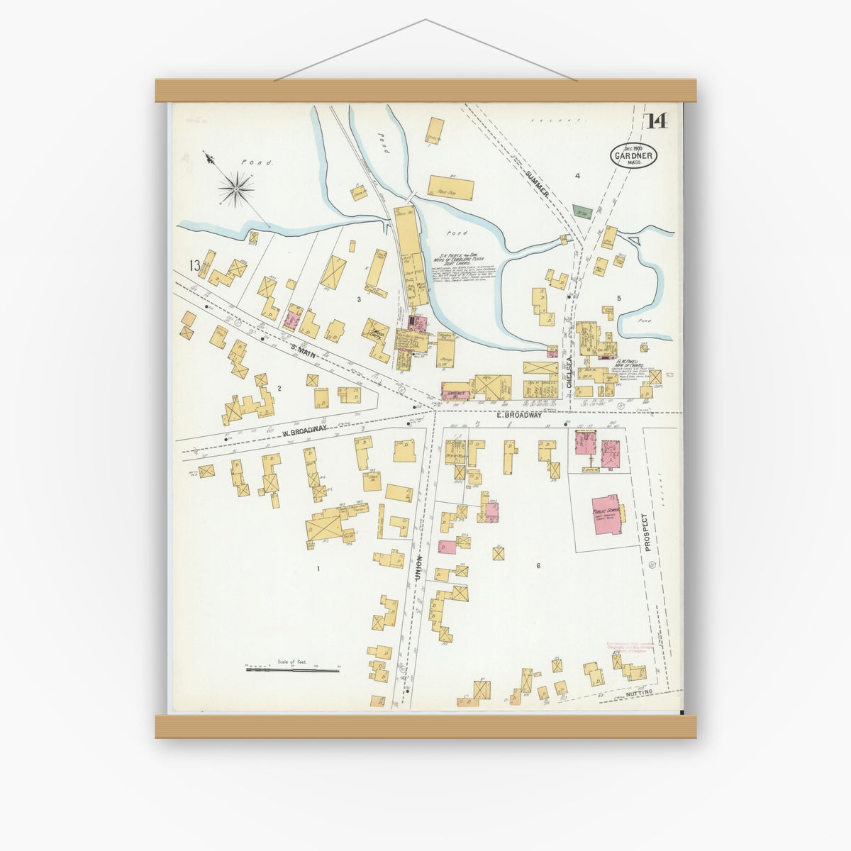 Old map wall art mockup — magnetic wood frame on white wall — Sanborn Fire Insurance Map from Gardner, Worcester County, Massachusetts (1900), Sheet #0014