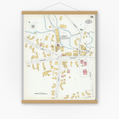Old map wall art mockup — magnetic wood frame on white wall — Sanborn Fire Insurance Map from Gardner, Worcester County, Massachusetts (1900), Sheet #0014