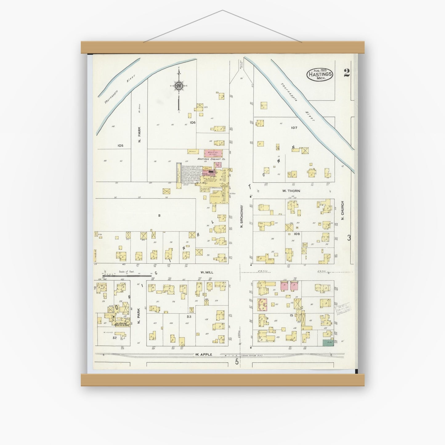 Old map wall art mockup — magnetic wood frame on white wall — Sanborn Fire Insurance Map from Hastings, Barry County, Michigan (1909), Sheet #0002