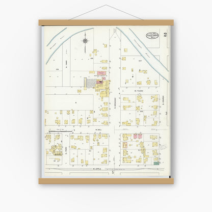 Old map wall art mockup — magnetic wood frame on white wall — Sanborn Fire Insurance Map from Hastings, Barry County, Michigan (1909), Sheet #0002