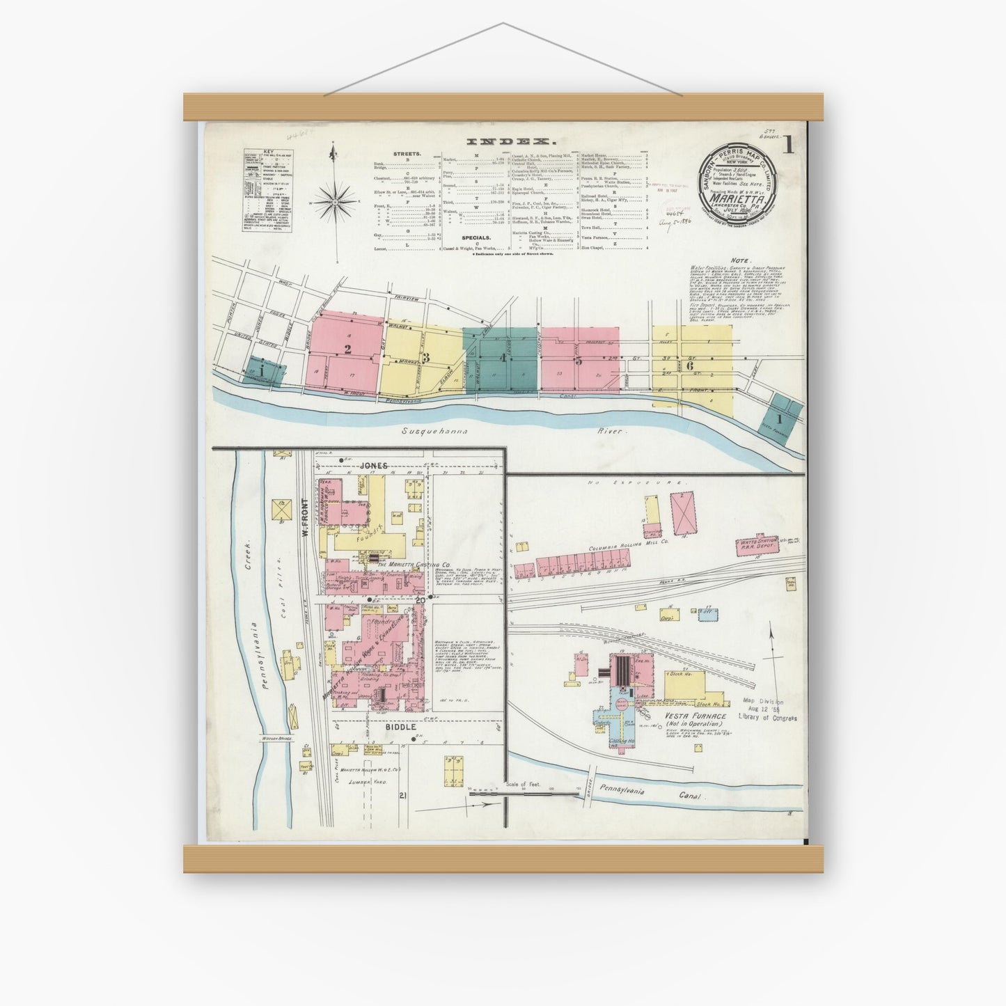 Old map wall art mockup — magnetic wood frame on white wall — Sanborn Fire Insurance Map from Marietta, Lancaster County, Pennsylvania (1896), Sheet #0001