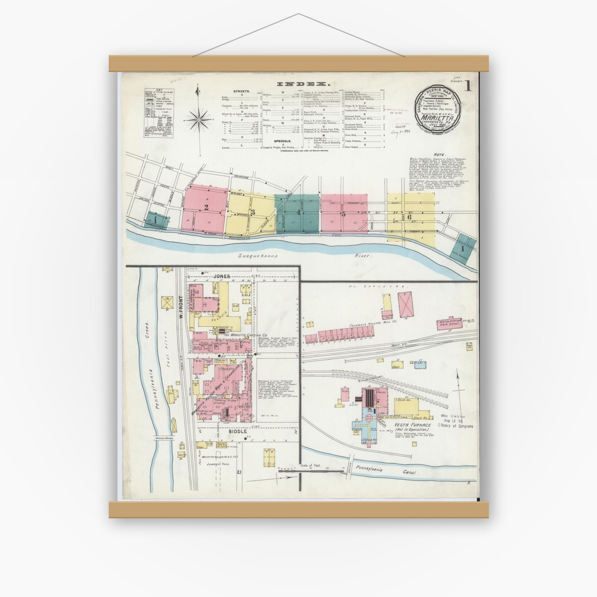 Old map wall art mockup — magnetic wood frame on white wall — Sanborn Fire Insurance Map from Marietta, Lancaster County, Pennsylvania (1896), Sheet #0001
