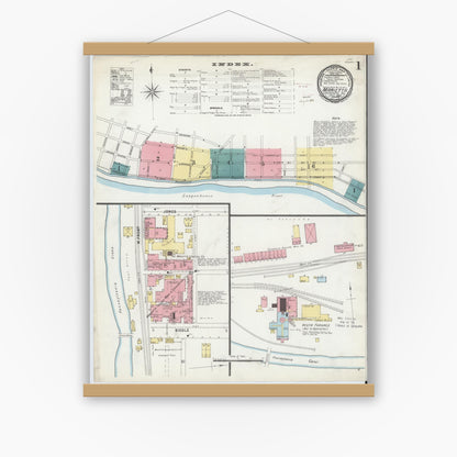 Old map wall art mockup — magnetic wood frame on white wall — Sanborn Fire Insurance Map from Marietta, Lancaster County, Pennsylvania (1896), Sheet #0001