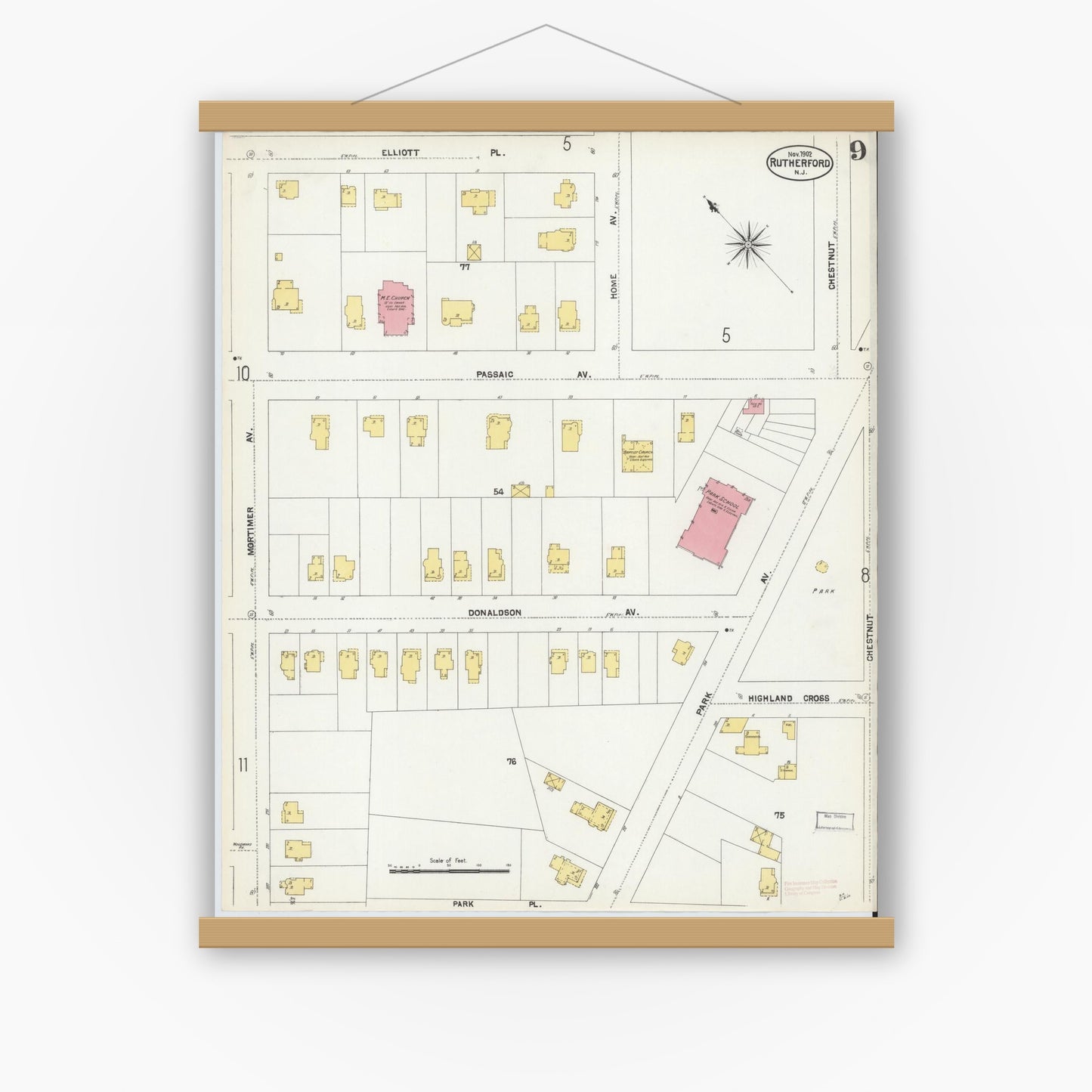 Old map wall art mockup — magnetic wood frame on white wall — Sanborn Fire Insurance Map from Rutherford, Bergen County, New Jersey (1902), Sheet #0009