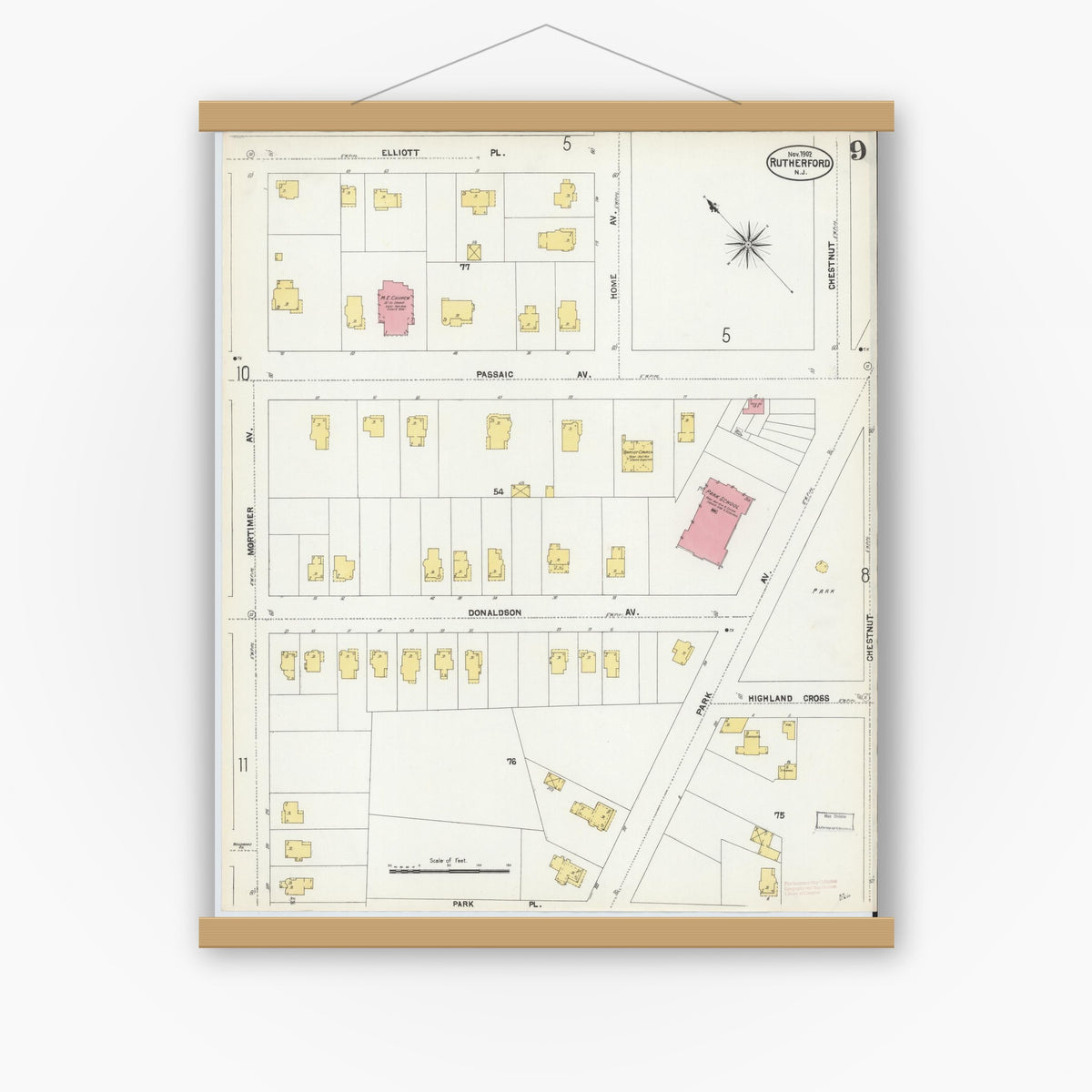 Old map wall art mockup — magnetic wood frame on white wall — Sanborn Fire Insurance Map from Rutherford, Bergen County, New Jersey (1902), Sheet #0009