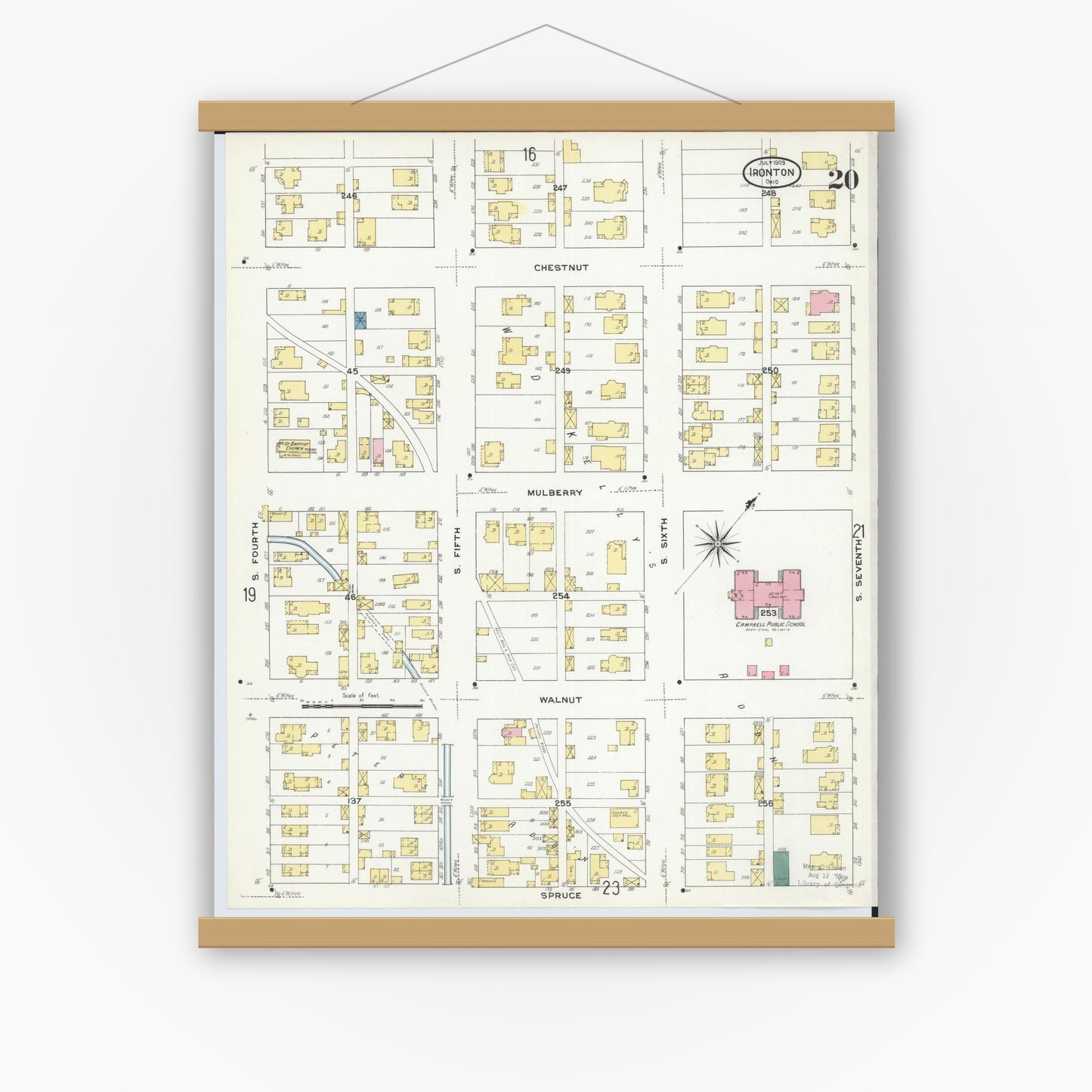 Old map wall art mockup — magnetic wood frame on white wall — Sanborn Fire Insurance Map from Ironton, Lawrence County, Ohio (1909), Sheet #0020