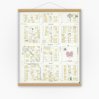 Old map wall art mockup — magnetic wood frame on white wall — Sanborn Fire Insurance Map from Ironton, Lawrence County, Ohio (1909), Sheet #0020