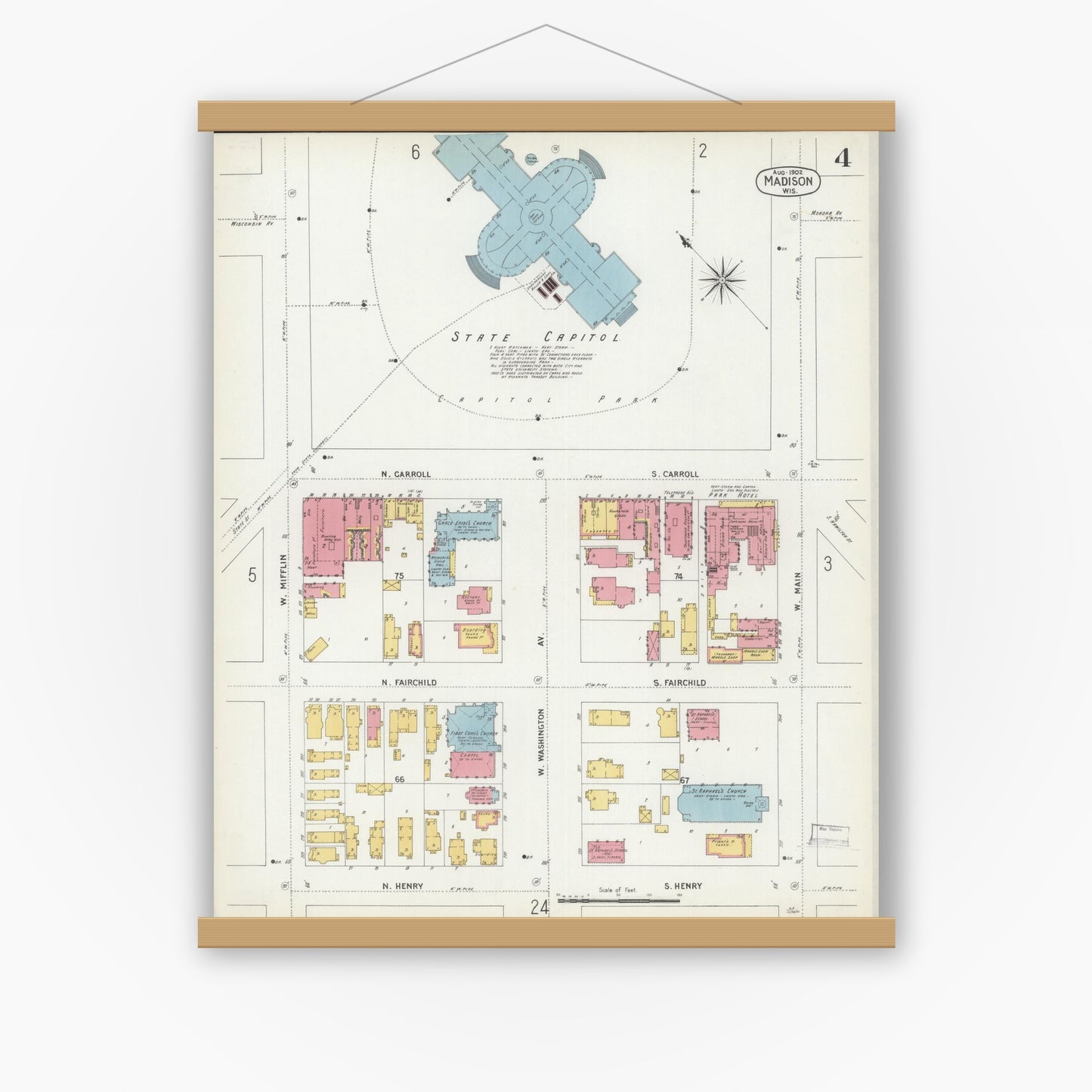 Old map wall art mockup — magnetic wood frame on white wall — Sanborn Fire Insurance Map from Madison, Dane County, Wisconsin (1902), Sheet #0004
