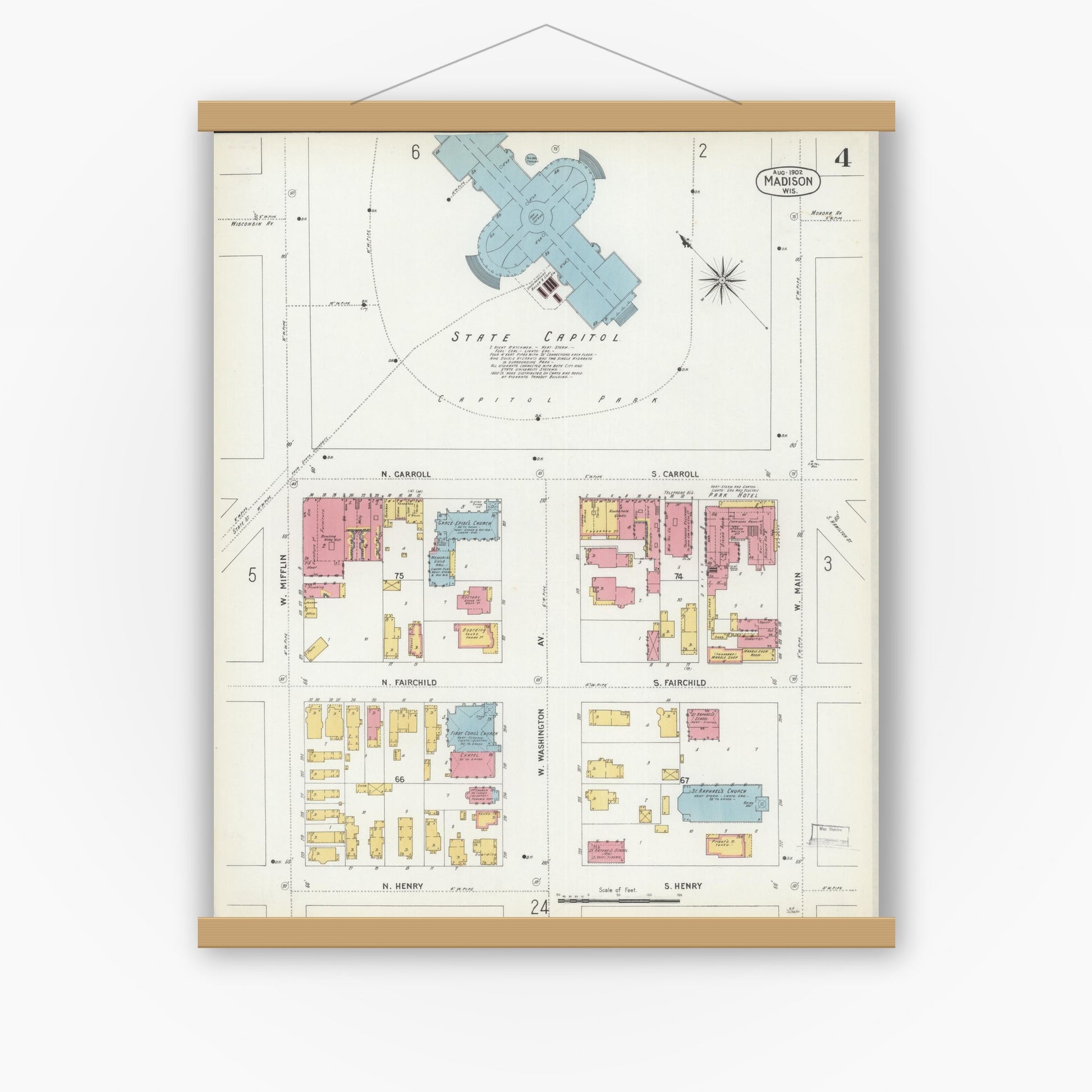 Old map wall art mockup — magnetic wood frame on white wall — Sanborn Fire Insurance Map from Madison, Dane County, Wisconsin (1902), Sheet #0004