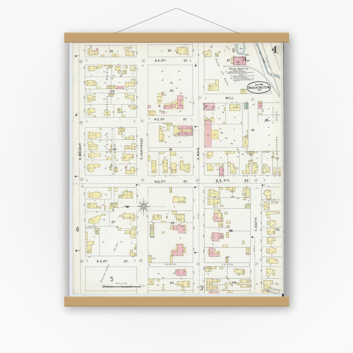 Old map wall art mockup — magnetic wood frame on white wall — Sanborn Fire Insurance Map from Washington, Daviess County, Indiana (1896), Sheet #0004