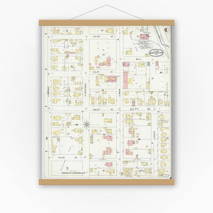 Old map wall art mockup — magnetic wood frame on white wall — Sanborn Fire Insurance Map from Washington, Daviess County, Indiana (1896), Sheet #0004