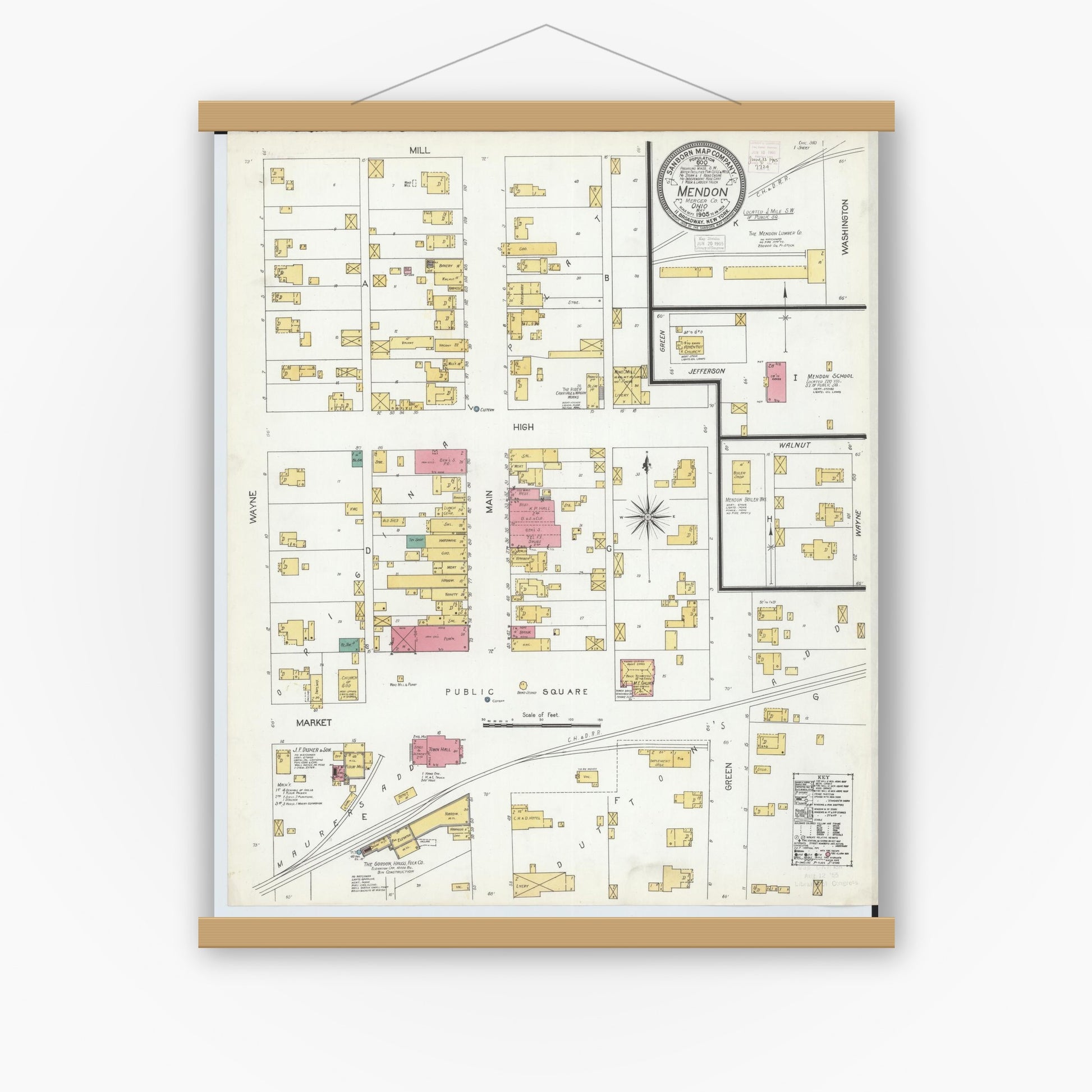 Old map wall art mockup — magnetic wood frame on white wall — Sanborn Fire Insurance Map from Mendon, Mercer County, Ohio (1905), Sheet #0001