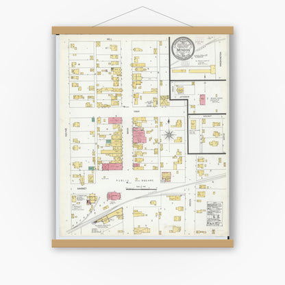 Old map wall art mockup — magnetic wood frame on white wall — Sanborn Fire Insurance Map from Mendon, Mercer County, Ohio (1905), Sheet #0001