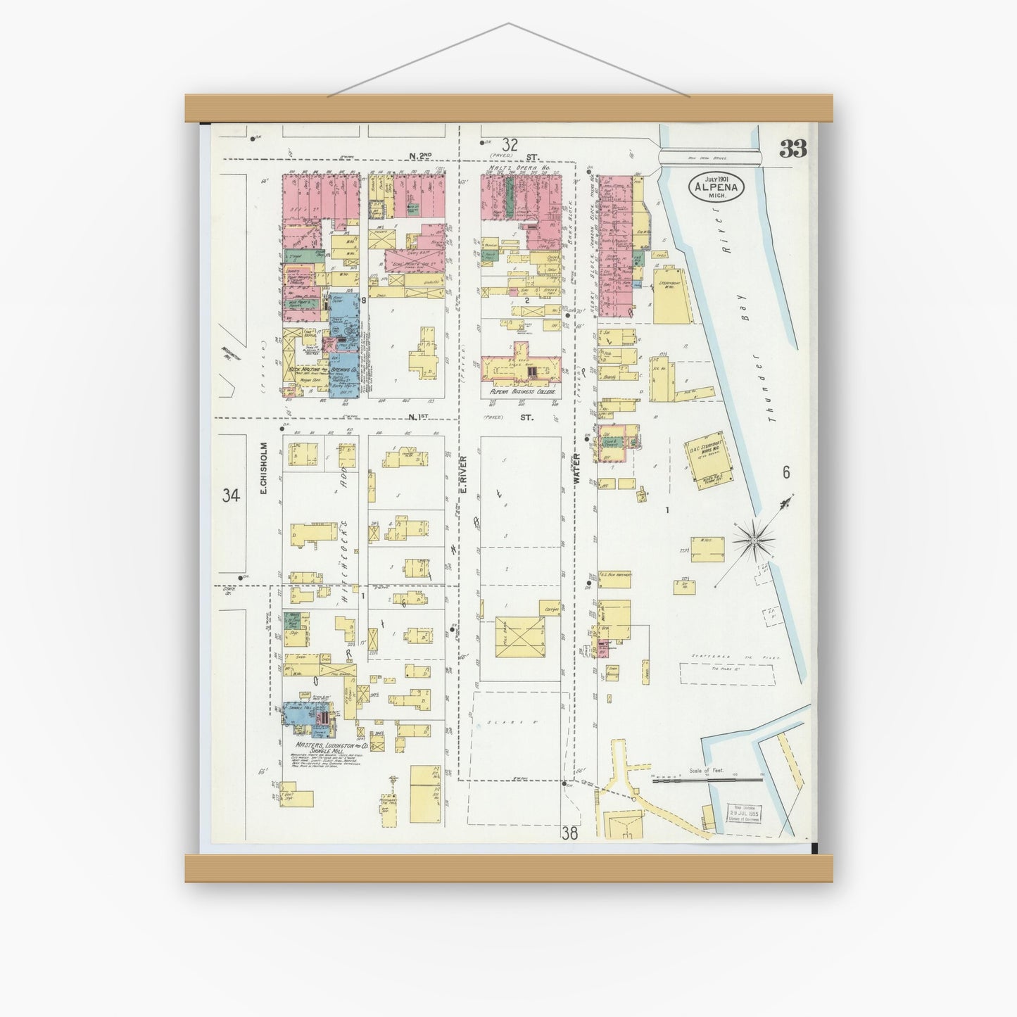 Old map wall art mockup — magnetic wood frame on white wall — Sanborn Fire Insurance Map from Alpena, Alpena County, Michigan (1901), Sheet #0033