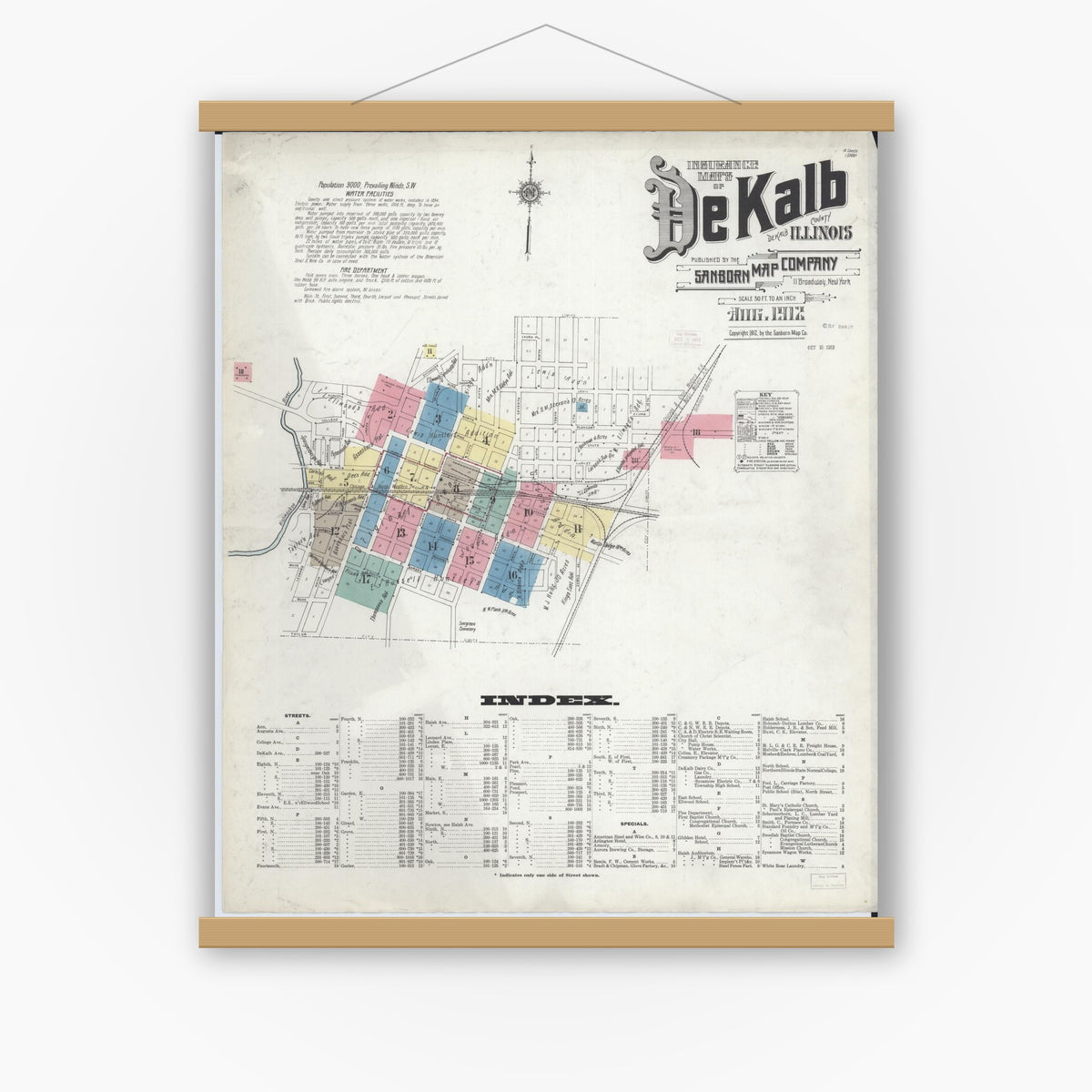 Old map wall art mockup — magnetic wood frame on white wall — Sanborn Fire Insurance Map from De Kalb, De Kalb County, Illinois (1912) - Complete Map Set