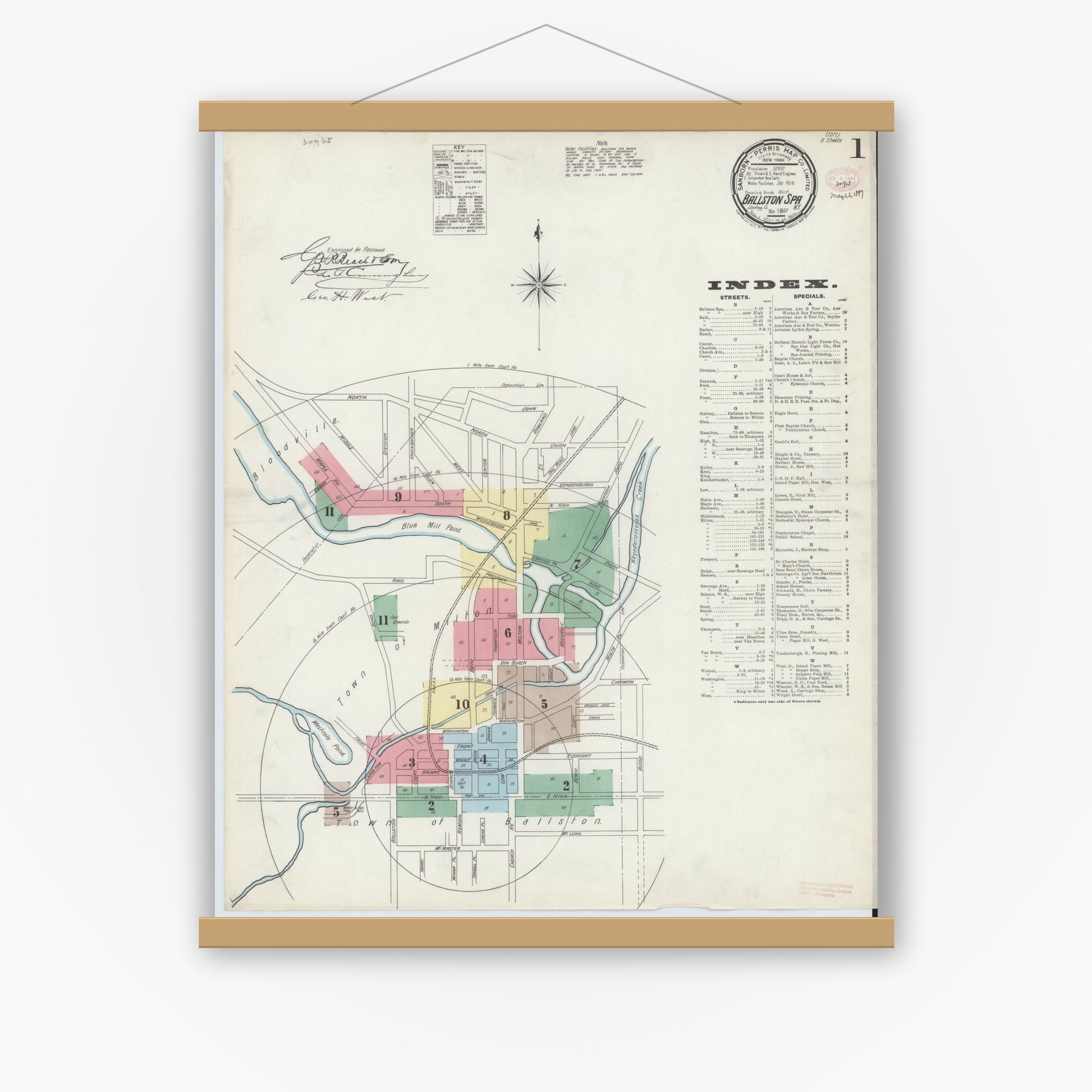 Old map wall art mockup — magnetic wood frame on white wall — Sanborn Fire Insurance Map from Ballston Spa, Saratoga County, New York (1897) - Complete Map Set