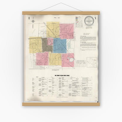 Old map wall art mockup — magnetic wood frame on white wall — Sanborn Fire Insurance Map from Commerce, Hunt County, Texas (1940), Sheet #0001