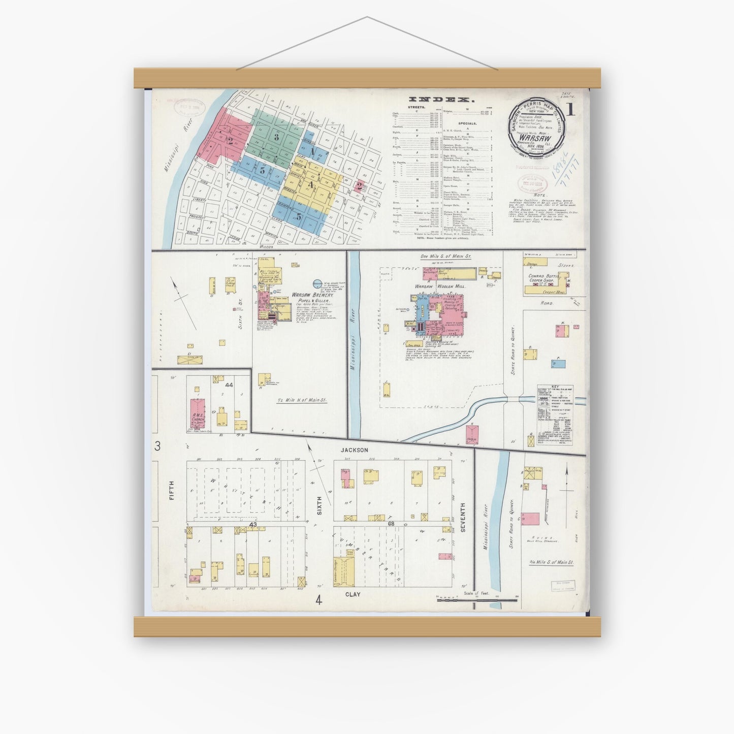 Old map wall art mockup — magnetic wood frame on white wall — Sanborn Fire Insurance Map from Warsaw, Hancock County, Illinois (1898) - Complete Map Set