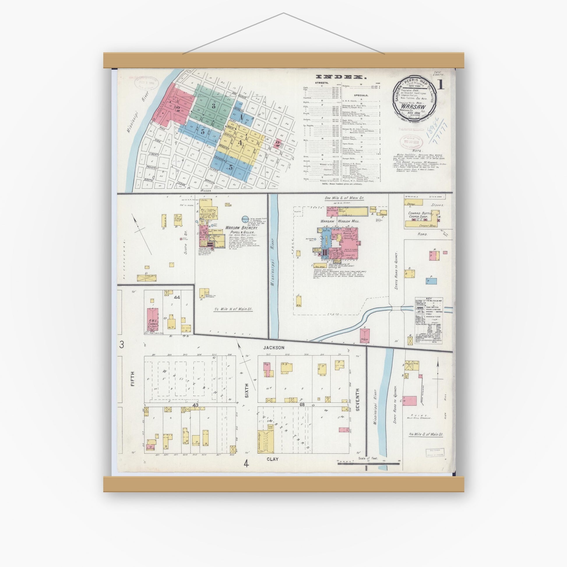 Old map wall art mockup — magnetic wood frame on white wall — Sanborn Fire Insurance Map from Warsaw, Hancock County, Illinois (1898) - Complete Map Set
