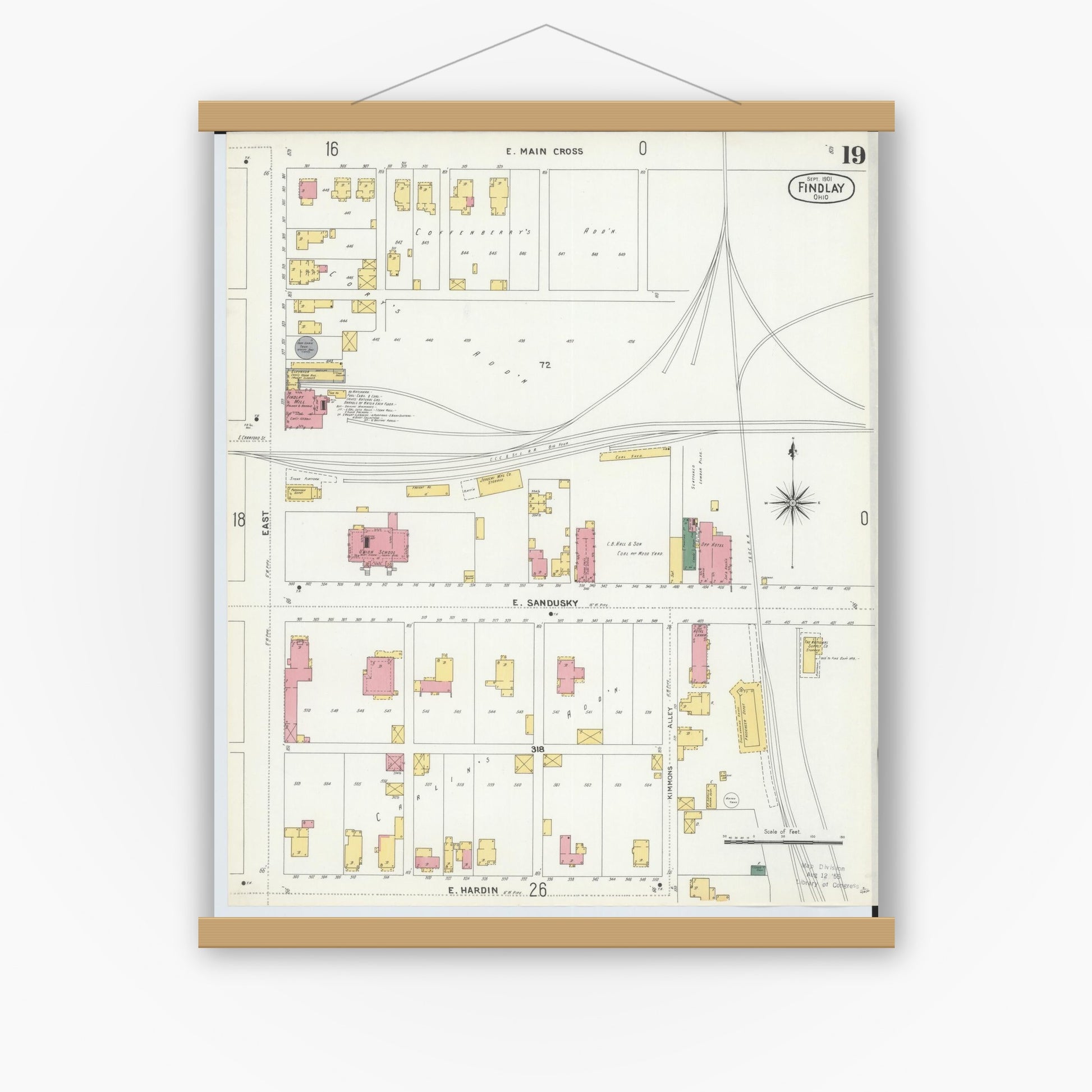 Old map wall art mockup — magnetic wood frame on white wall — Sanborn Fire Insurance Map from Findlay, Hancock County, Ohio (1901), Sheet #0019