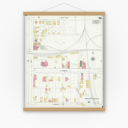 Old map wall art mockup — magnetic wood frame on white wall — Sanborn Fire Insurance Map from Findlay, Hancock County, Ohio (1901), Sheet #0019