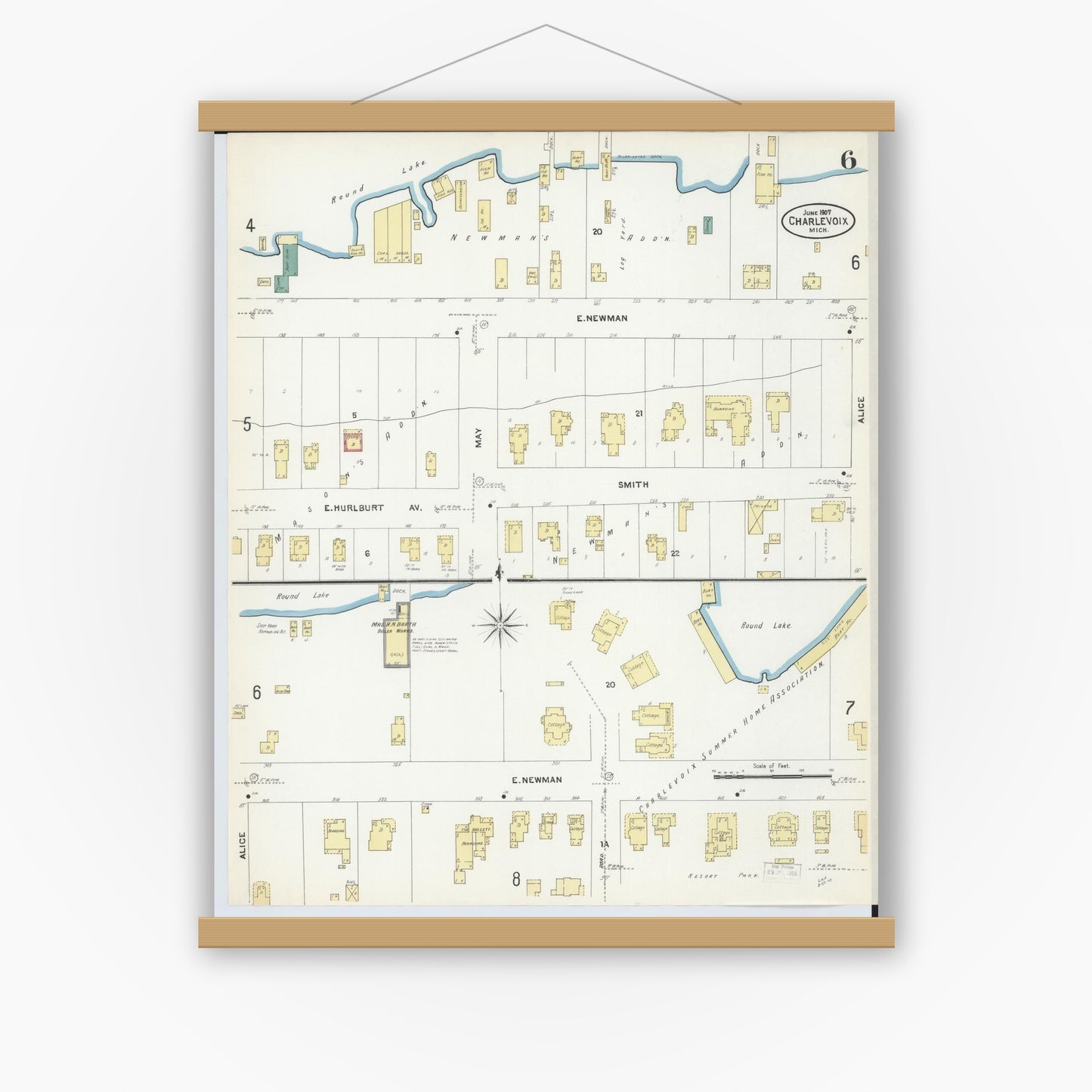 Old map wall art mockup — magnetic wood frame on white wall — Sanborn Fire Insurance Map from Charlevoix, Charlevoix County, Michigan (1907), Sheet #0006