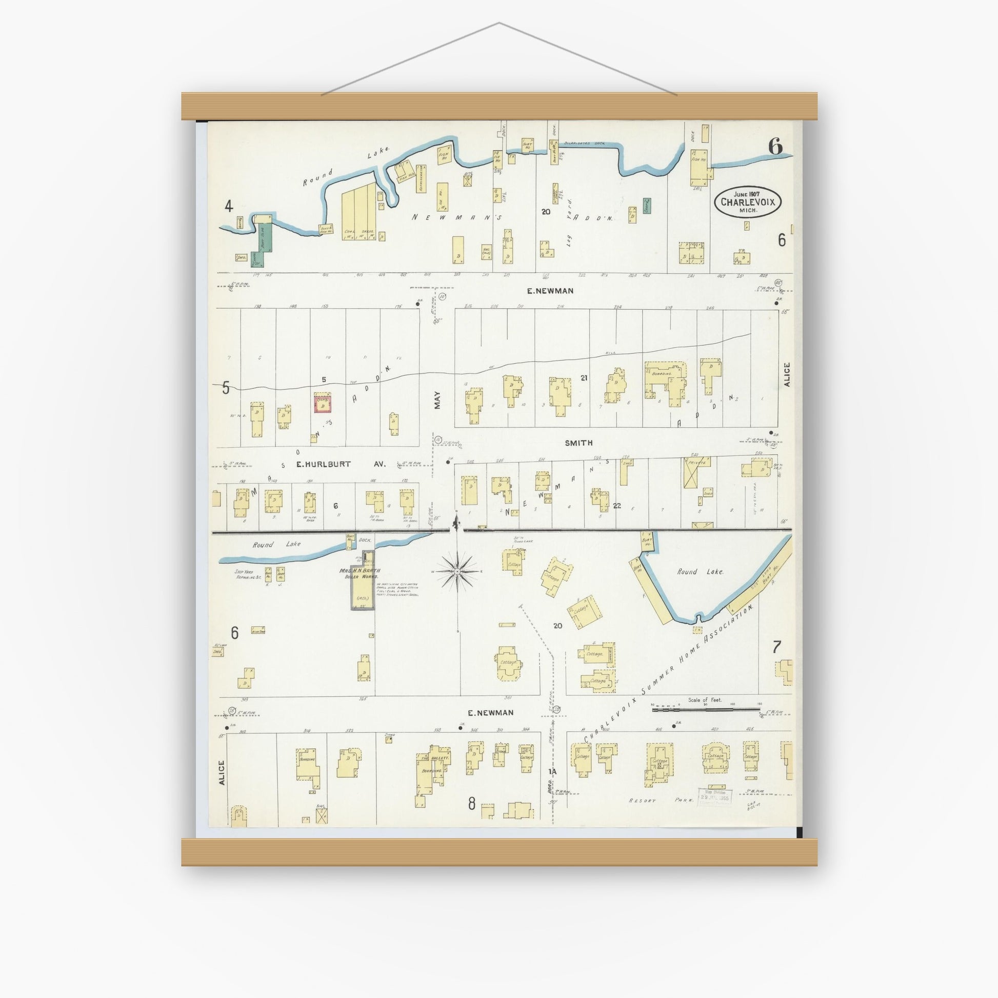 Old map wall art mockup — magnetic wood frame on white wall — Sanborn Fire Insurance Map from Charlevoix, Charlevoix County, Michigan (1907), Sheet #0006