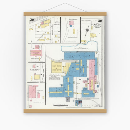 Old map wall art mockup — magnetic wood frame on white wall — Sanborn Fire Insurance Map from Elyria, Lorain County, Ohio (1925), Sheet #0039