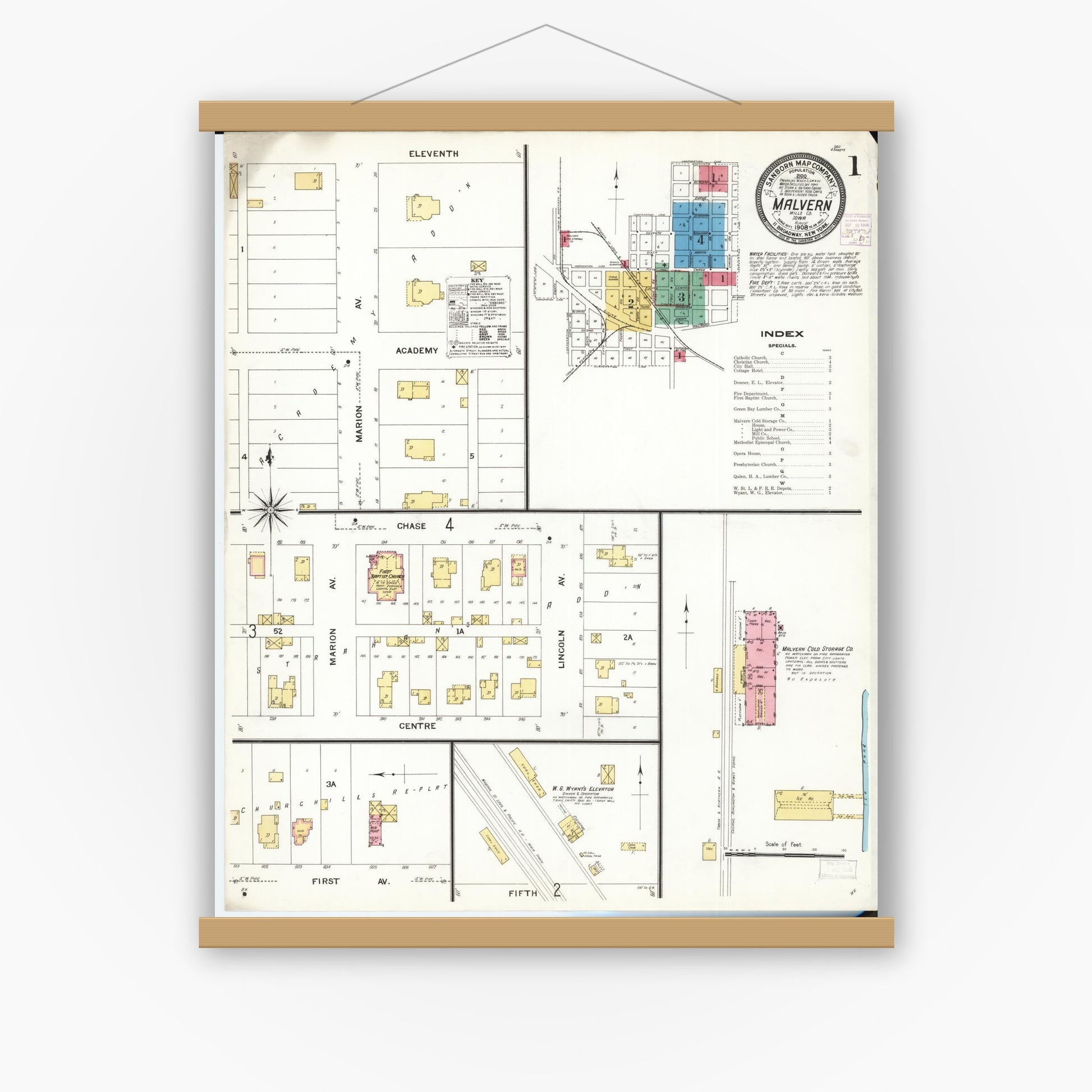 Old map wall art mockup — magnetic wood frame on white wall — Sanborn Fire Insurance Map from Malvern, Mills County, Iowa (1908), Sheet #0001