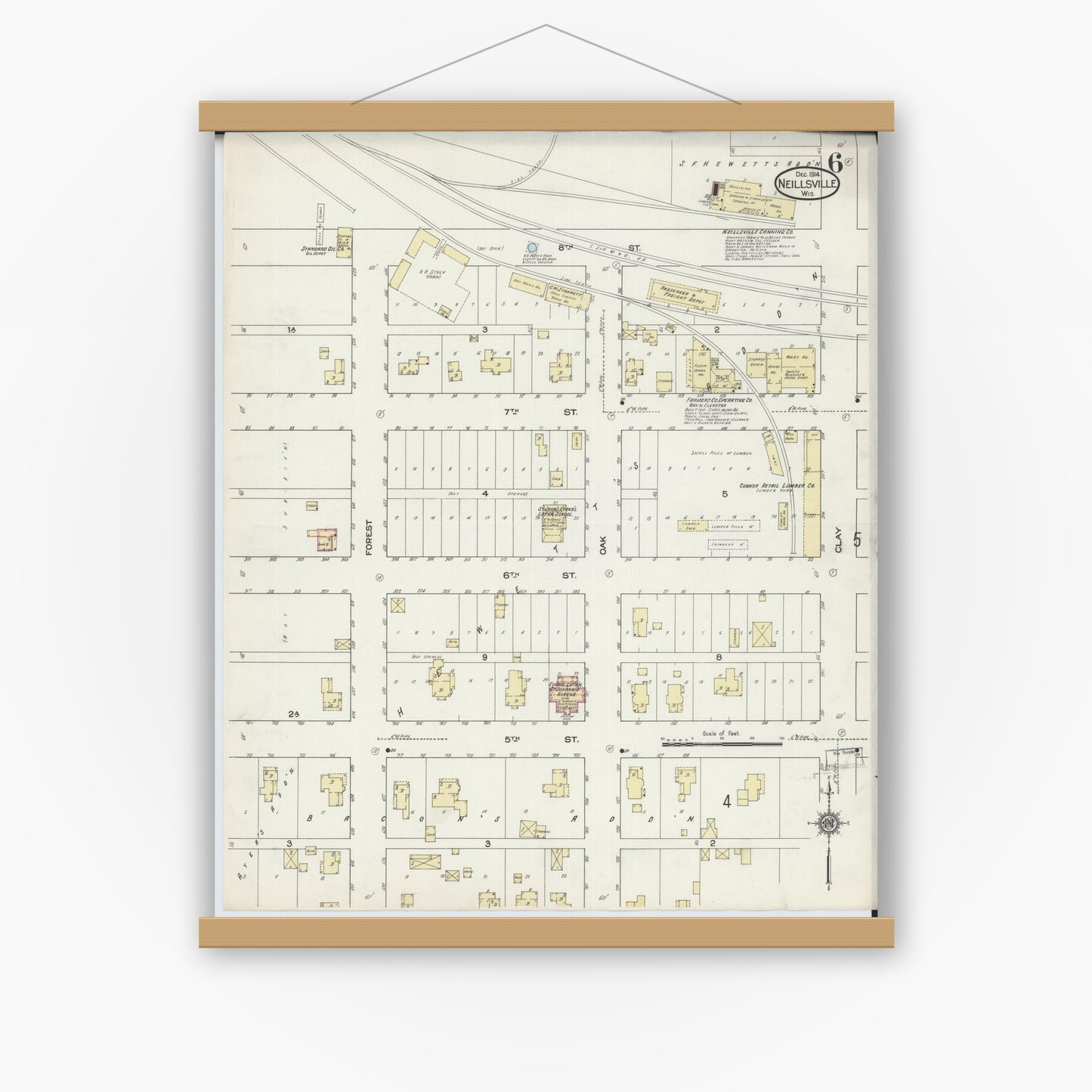 Old map wall art mockup — magnetic wood frame on white wall — Sanborn Fire Insurance Map from Neillsville, Clark County, Wisconsin (1914), Sheet #0006