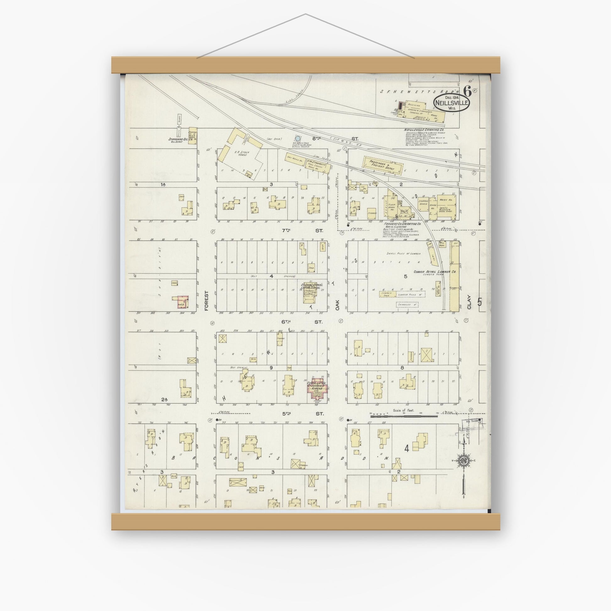 Old map wall art mockup — magnetic wood frame on white wall — Sanborn Fire Insurance Map from Neillsville, Clark County, Wisconsin (1914), Sheet #0006