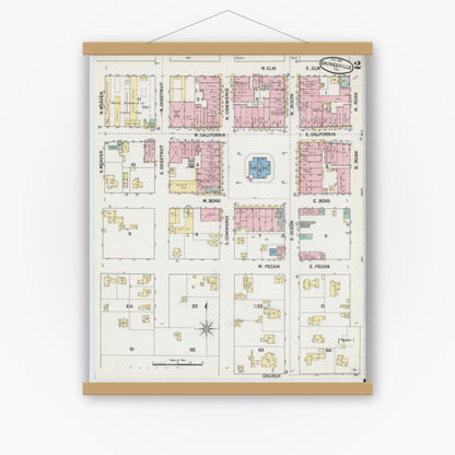 Old map wall art mockup — magnetic wood frame on white wall — Sanborn Fire Insurance Map from Gainesville, Cooke County, Texas (1888), Sheet #0002