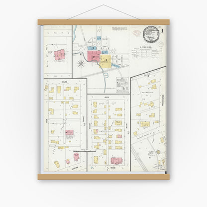 Old map wall art mockup — magnetic wood frame on white wall — Sanborn Fire Insurance Map from Delta, Fulton County, Ohio (1899), Sheet #0001