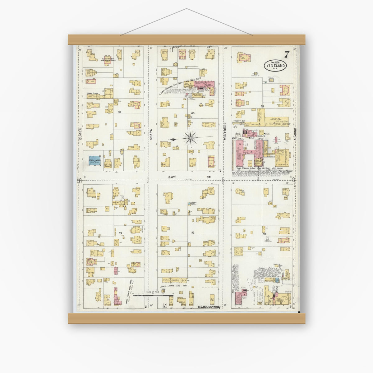 Old map wall art mockup — magnetic wood frame on white wall — Sanborn Fire Insurance Map from Vineland, Cumberland County, New Jersey (1906), Sheet #0007