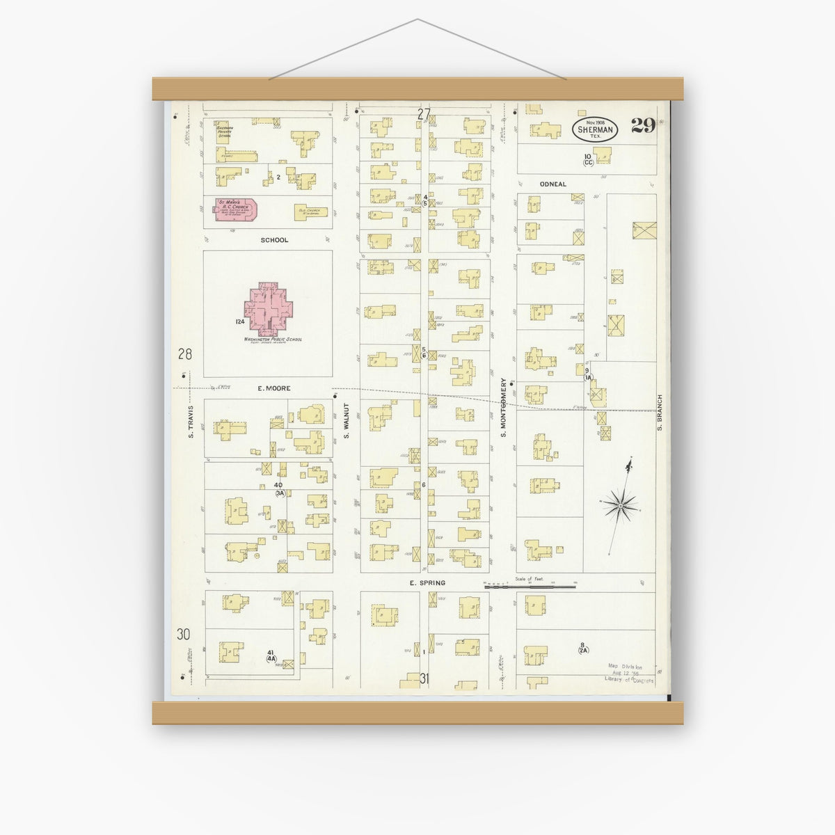 Old map wall art mockup — magnetic wood frame on white wall — Sanborn Fire Insurance Map from Sherman, Grayson County, Texas (1908), Sheet #0029