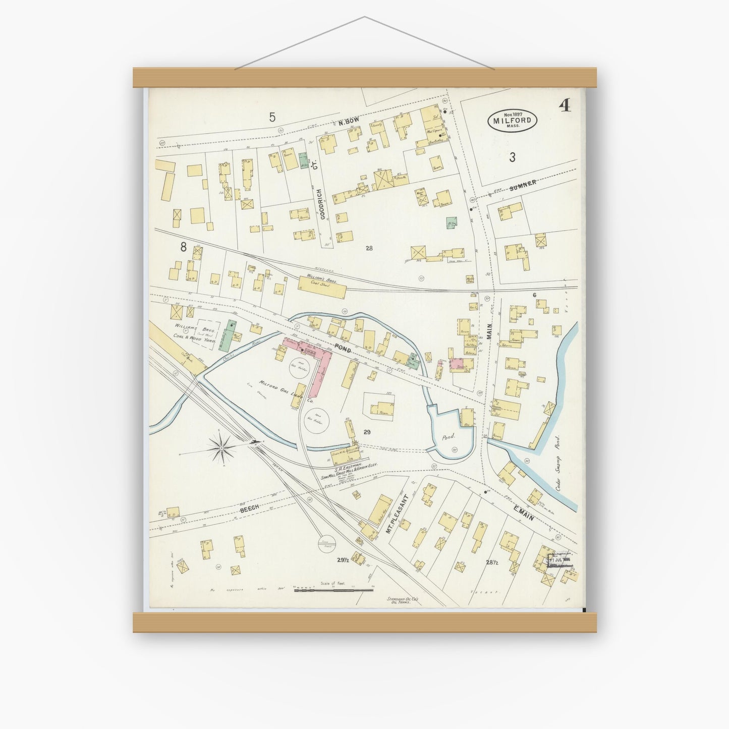 Old map wall art mockup — magnetic wood frame on white wall — Sanborn Fire Insurance Map from Milford, Worcester County, Massachusetts (1897), Sheet #0004