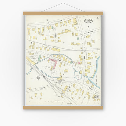 Old map wall art mockup — magnetic wood frame on white wall — Sanborn Fire Insurance Map from Milford, Worcester County, Massachusetts (1897), Sheet #0004