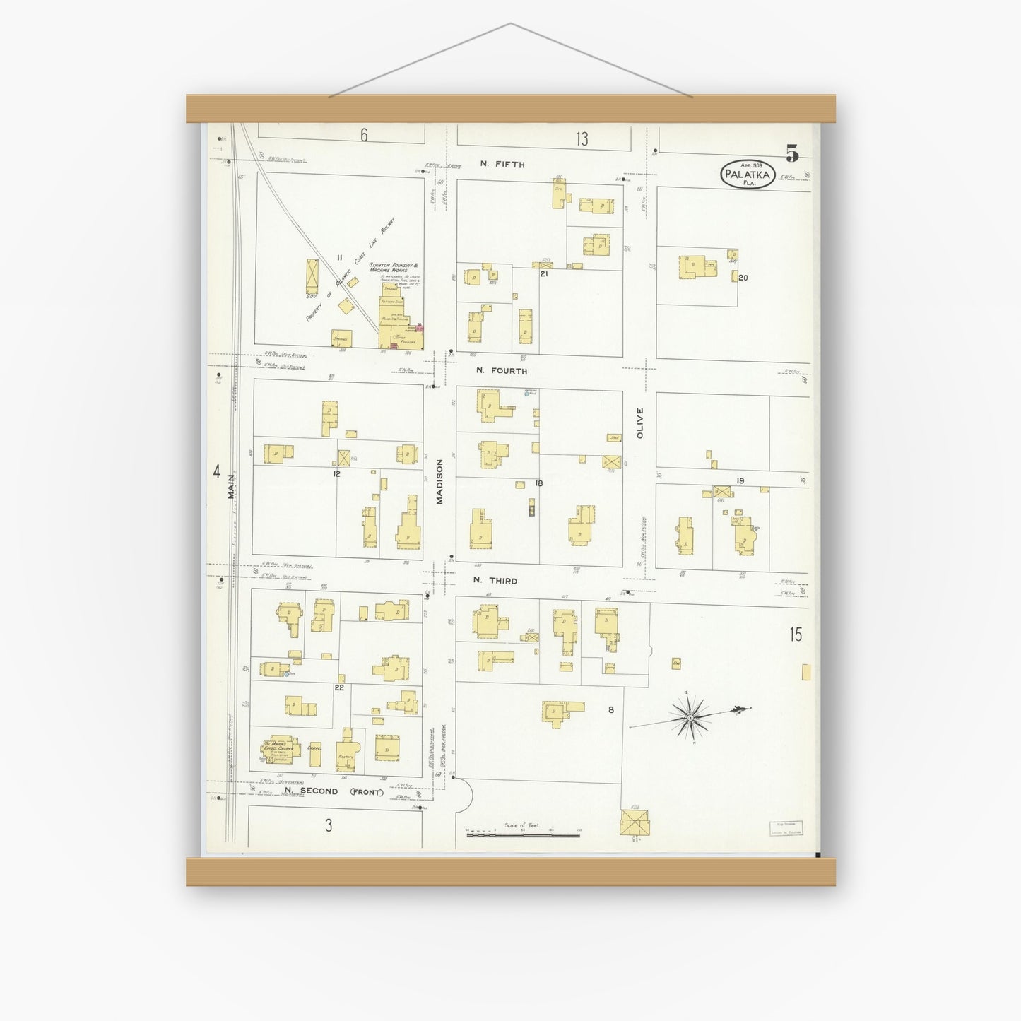 Old map wall art mockup — magnetic wood frame on white wall — Sanborn Fire Insurance Map from Palatka, Putnam County, Florida (1909), Sheet #0005