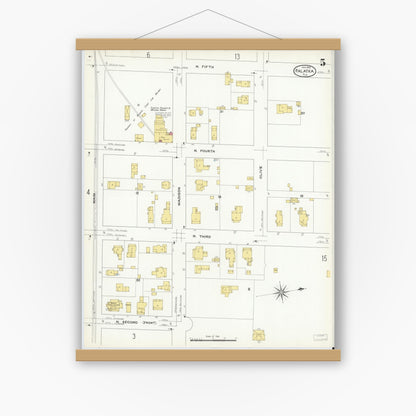 Old map wall art mockup — magnetic wood frame on white wall — Sanborn Fire Insurance Map from Palatka, Putnam County, Florida (1909), Sheet #0005