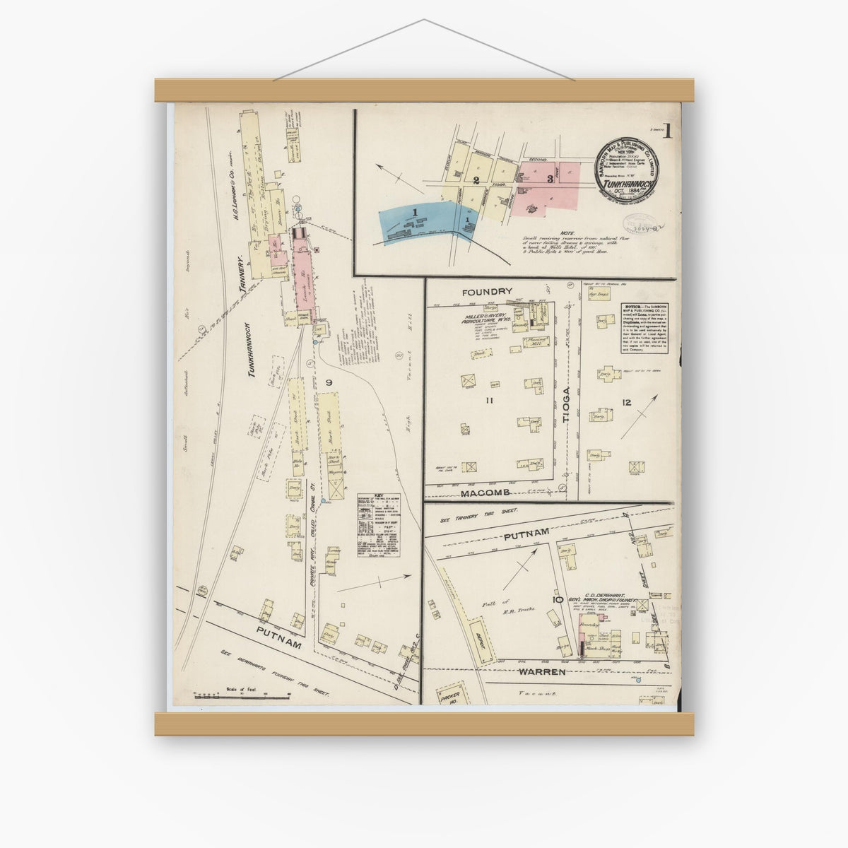 Old map wall art mockup — magnetic wood frame on white wall — Sanborn Fire Insurance Map from Tunkhannock, Wyoming County, Pennsylvania (1884), Sheet #0001